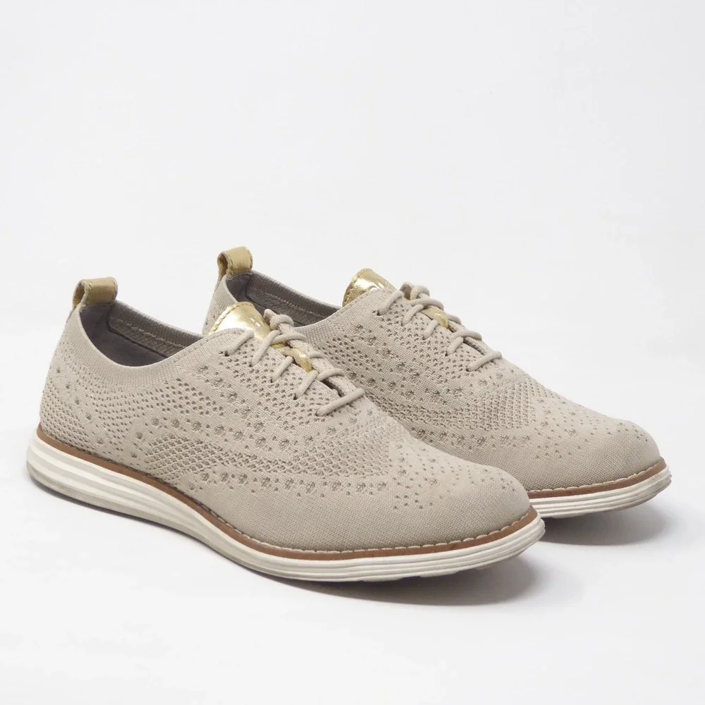 Cole Haan Womens Originalgrand Wingtip Oxfords Stitchlite Beige Gold Knit 6B